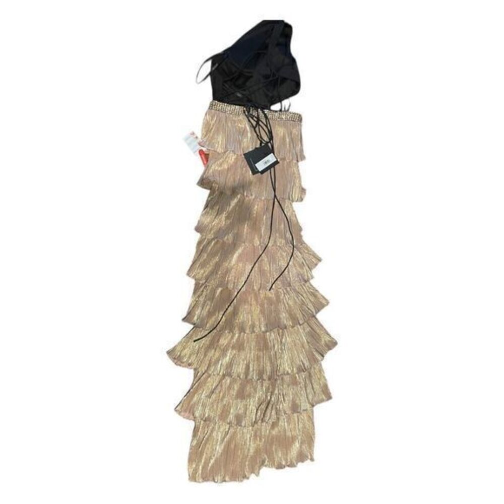Mac Duggal‎ 26742 Metallic One Shoulder Ruffle Tiered Gown Size 0 Gold Black - Picture 6 of 10